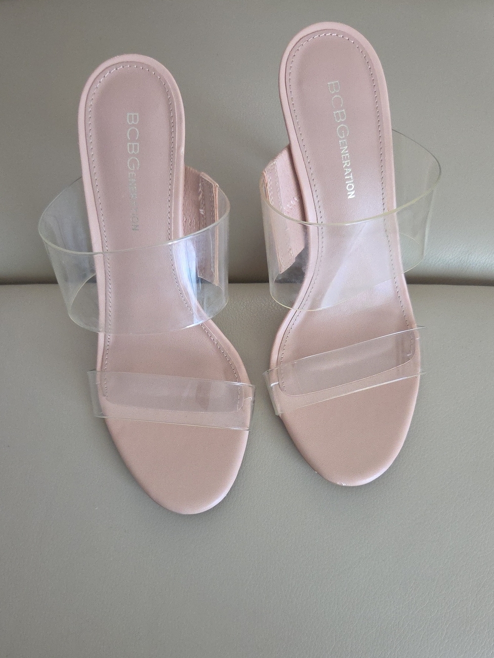 BCBGeneration Blush Pink Clear-Strap Slide Heels